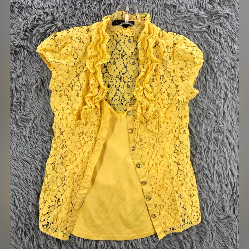 Heart Soul Top Set Womens Small Vneck Tank Lace Button Up Ruffle Yellow